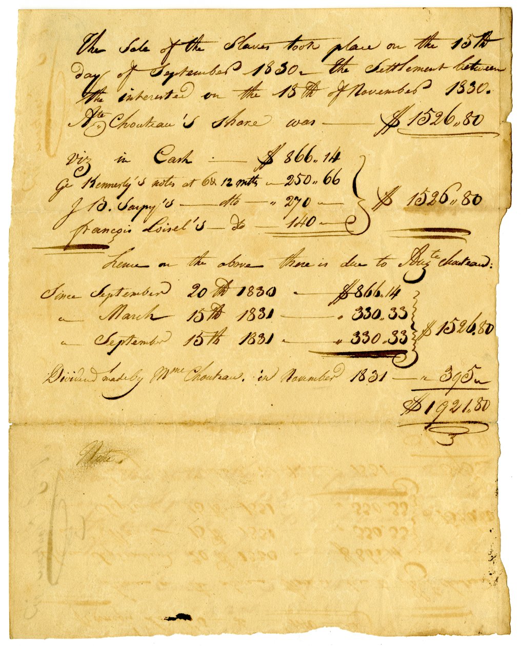 Document regarding sale of slaves and share coming to various individuals, November 1831 by Marie Therese Cerre Chouteau
