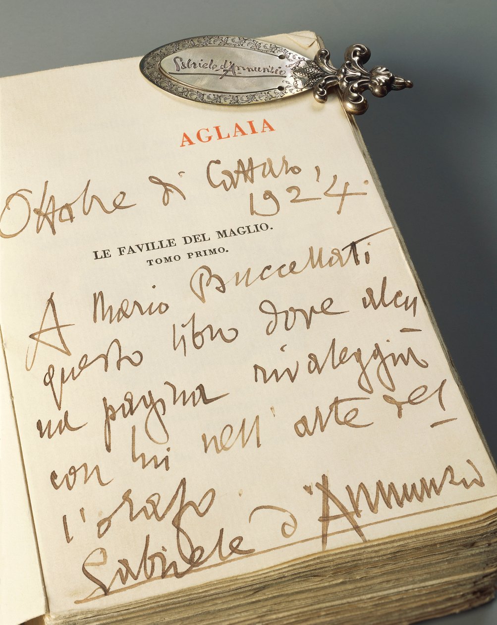 Silver bookmark with adorned handle, handmade engraved with natural motifs and autographical signature of Gabriele D