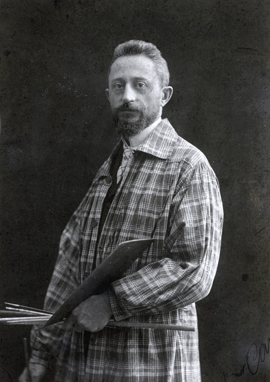 Three-quarter-length portrait of the painter Guido Spadolini. He is wearing a long smock and holding brushes and palette in his left hand, 26 November 1901 by Mario Nunes Vais