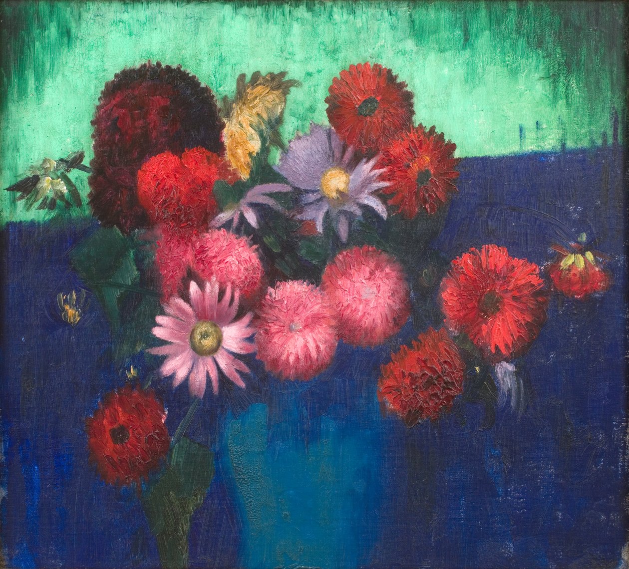 Still Life, Dahlias and Daisies in a Blue Vase by Mark Gertler