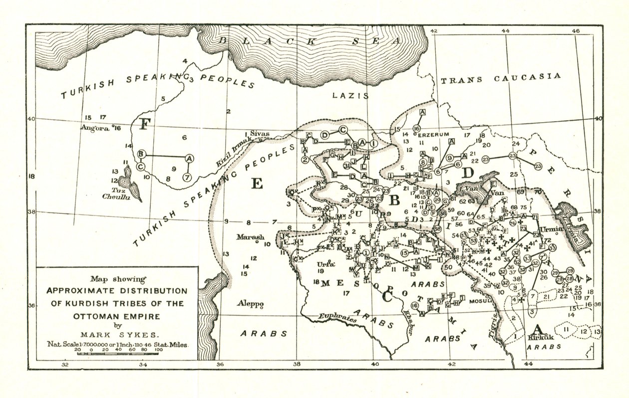 Map showing Approximate Distribution of Kurdish Tribes of the Ottoman Empire by Mark Sykes