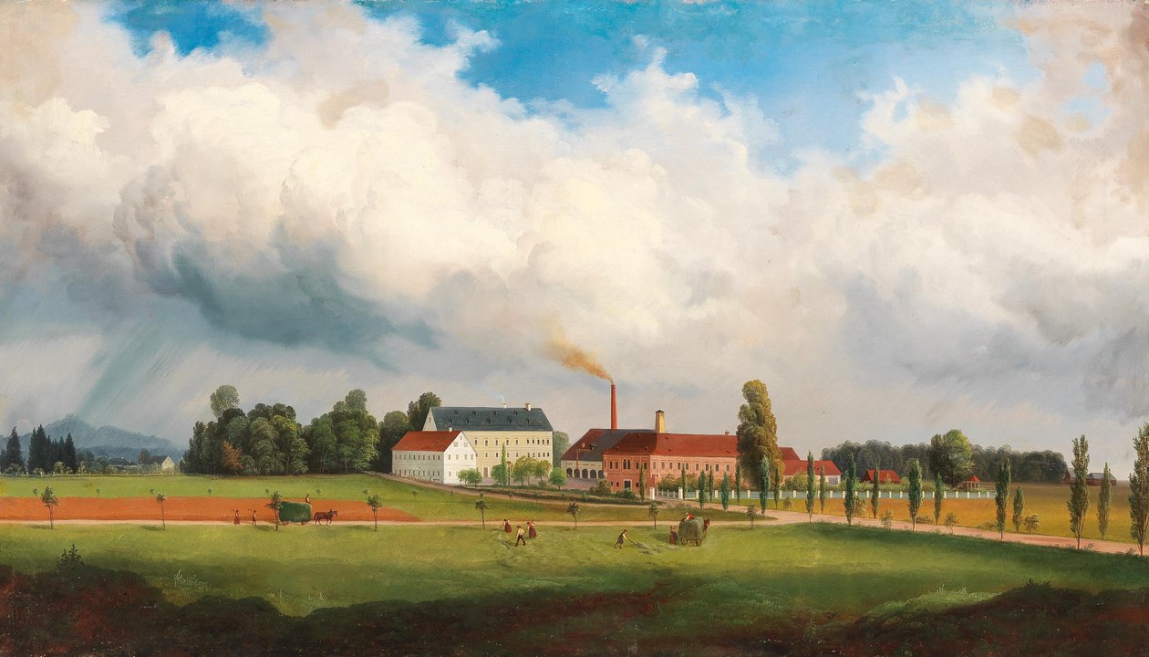 Ebenthal near Klagenfurt to the East, in the Foreground the Großnighof with Manor House and Factory Grounds of the Puntschart Family, in the Background the Magdalensberg by Marko Pernhart
