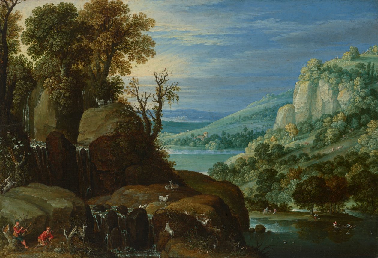 An Extensive River Landscape with Goatherds Playing Pipes Beside a Waterfall, a Distant View of a Lake and Town Beyond by Marten Ryckaert