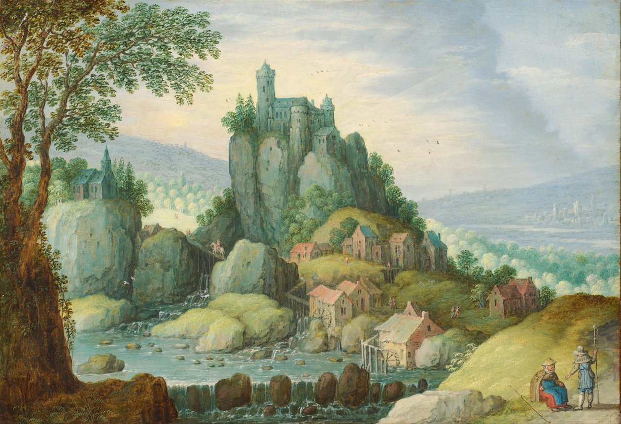 Panoramic Landscape with a River, Castle on a Rocky Outcrop and Watermill Below by Marten Ryckaert