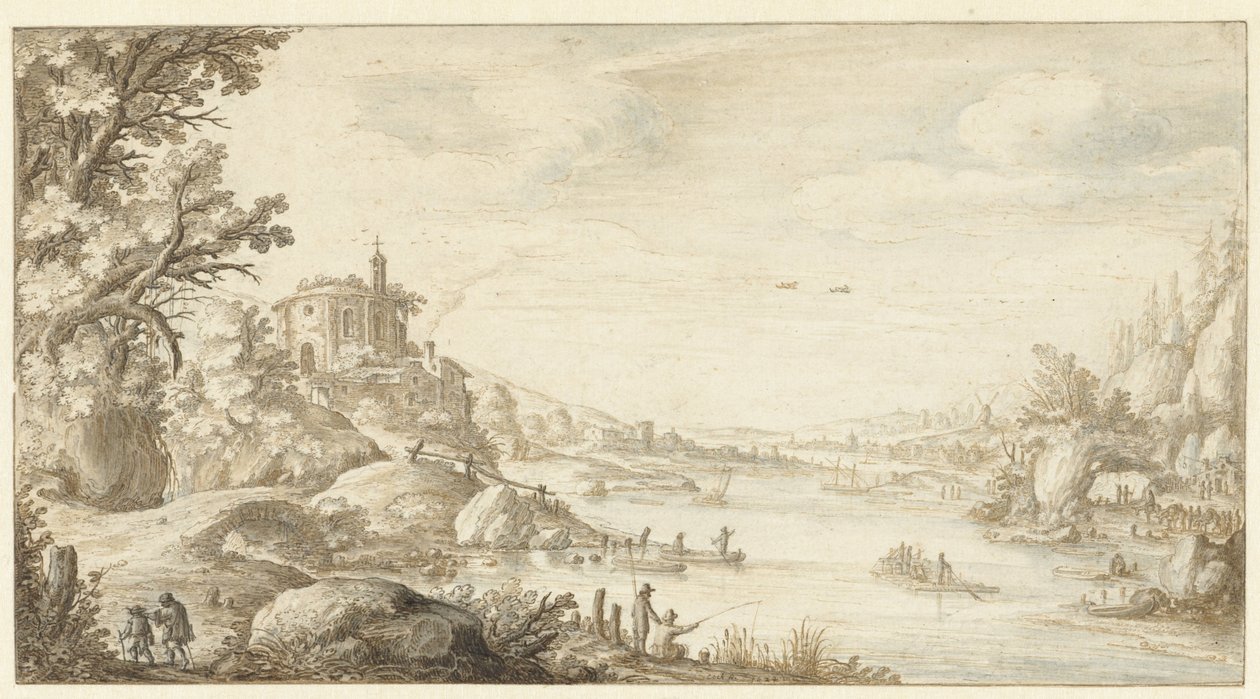 Hilly Landscape with a Round Chapel by the Banks of a River by Marten de Cock