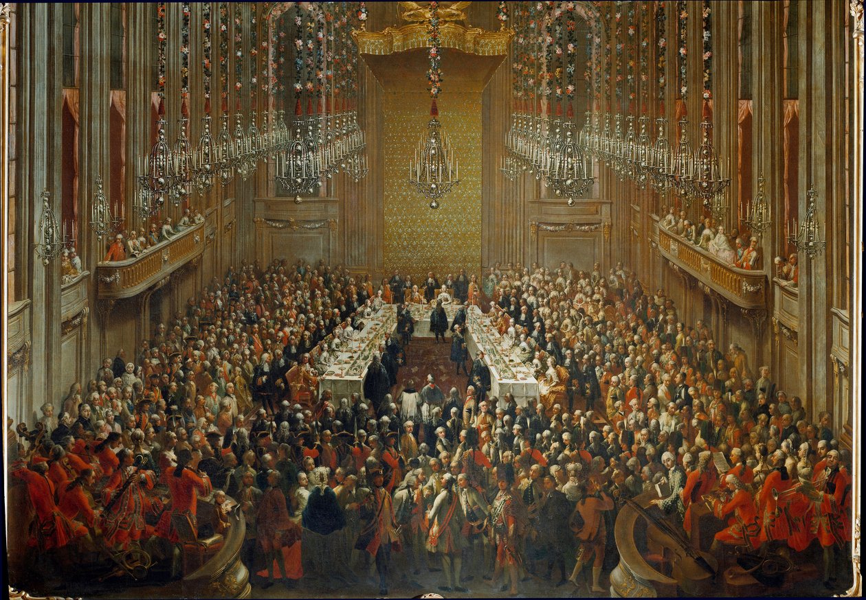 Banquet on the Occasion of the Wedding of Emperor Joseph II and Isabella of Parma on 6/10/1760, with Mozart Standing in the Orchestra by Martin (and studio) Mytens or Meytens
