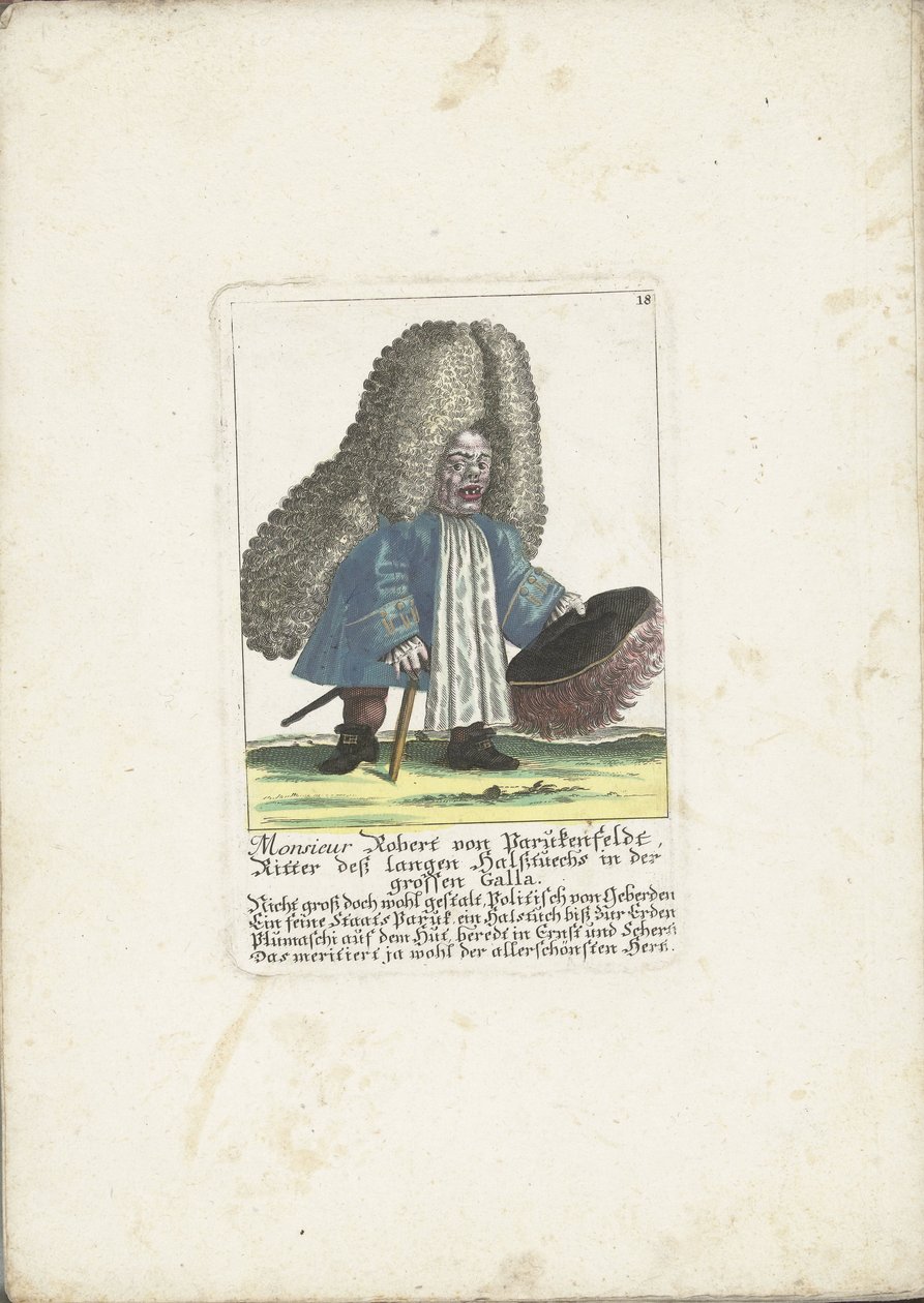 The Dwarf Robert von Parukenfeldt, ca. 1710 (title on object: Monsieur Robert von Parukenfeldt, Ritter deß langen Halßtuechs in der grossen Galla) (series title: Il Callotto resurcitato oder Neu eingerichtes Zwerchen Cabinet) by Martin Engelbrecht (attributed to)