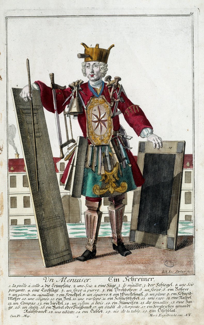 Occupation: A Carpenter. Engraving by Martin Engelbrecht (1684-1756), in 