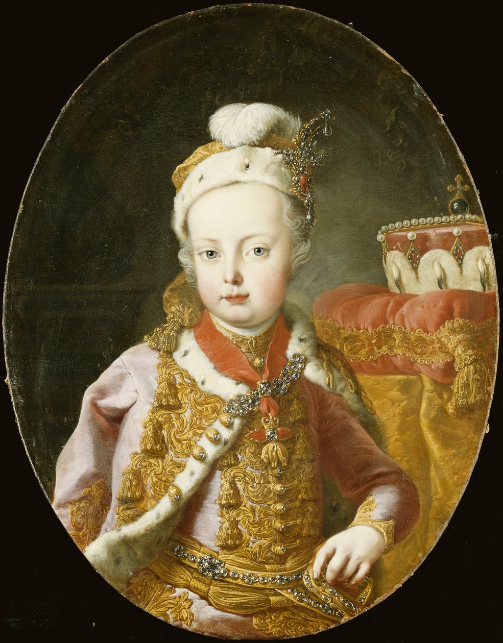 Portrait of the Archduke Joseph, Later Emperor Joseph II of Austria, Half Length, in a Gold Embroidered Pink Velvet Jacket with Ermine Trim, a Feathered Cap Adorned with a Brooch and Wearing the Order of the Golden Fleece by Martin Meytens the Younger