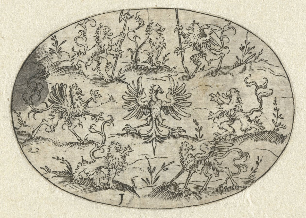 Oval with Eagle Surrounded by Lions and Fantasy Creatures by Martin Pleginck