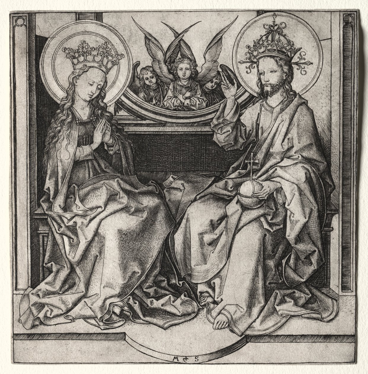God the Father and the Blessed Virgin Enthroned Attended by Angels by Martin Schongauer