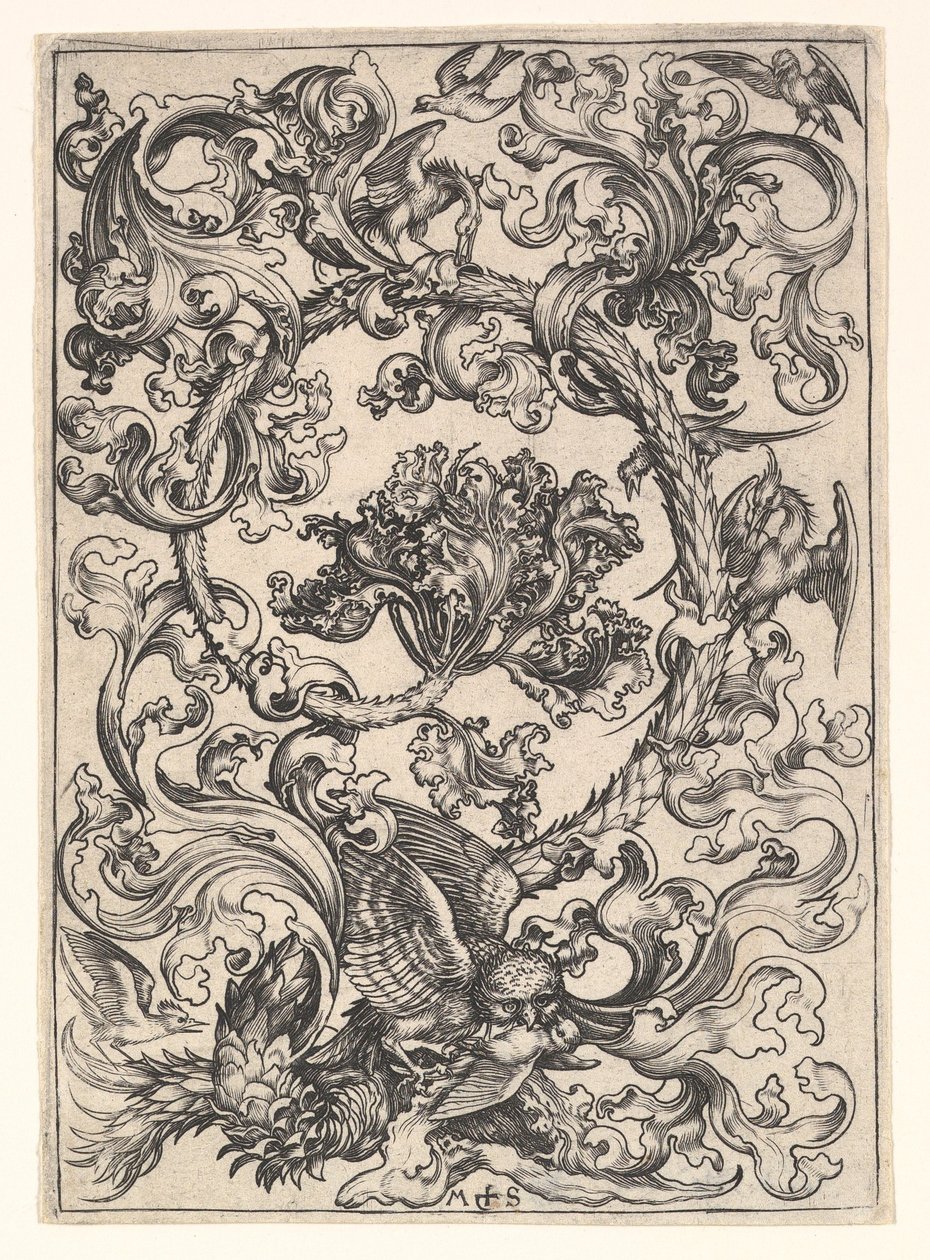 Ornament with Owl Mocked by Day Birds by Martin Schongauer