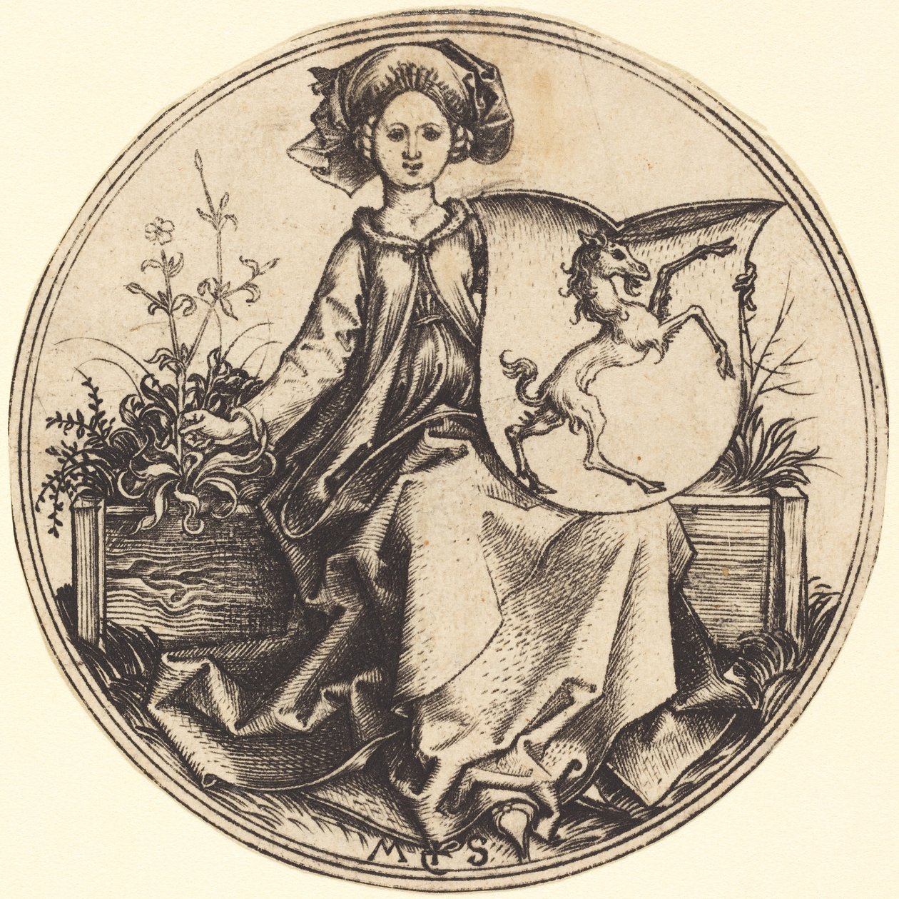 Shield with Unicorn, Held by Woman by Martin Schongauer