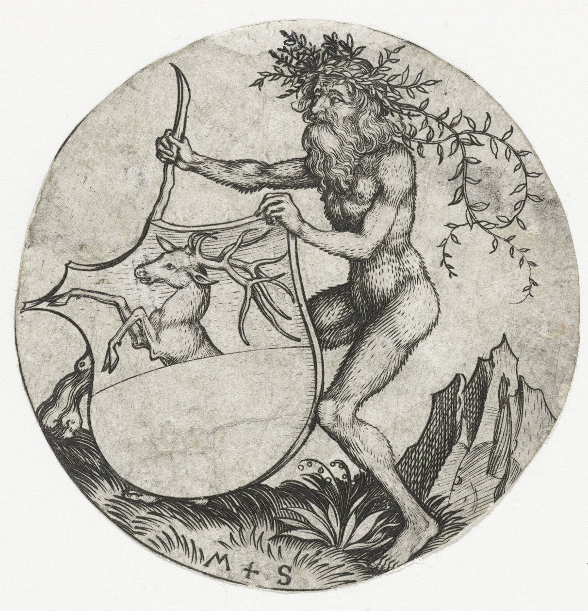 Coat of Arms with a Deer, Held by a Wild Man with a Club (series title: Figures with Coats of Arms) by Martin Schongauer
