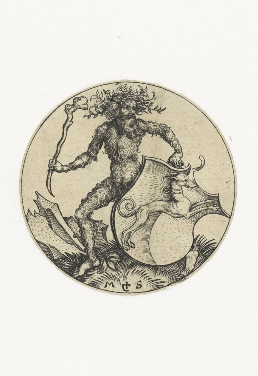 Coat of Arms with a Dog Held by a Wild Man with a Club by Martin Schongauer