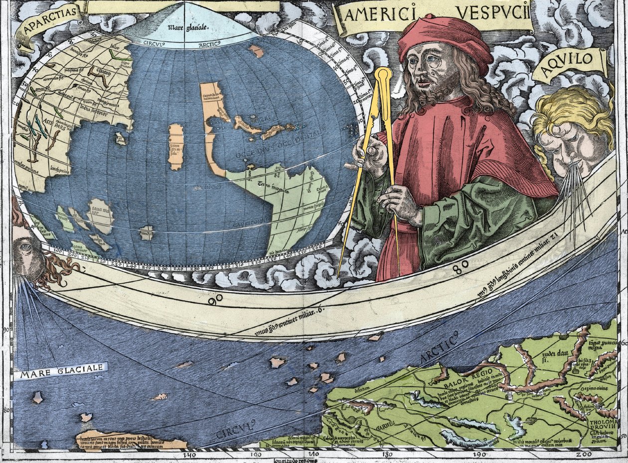 VESPUCCI, Amerigo (1454-1512). Italian explorer and cartography in “Waldseemuller map or Universalis Cosmographia - (Universal Cosmography) - Waldseemuller Planisphere”” - 1507 - by Martin Waldseemuller