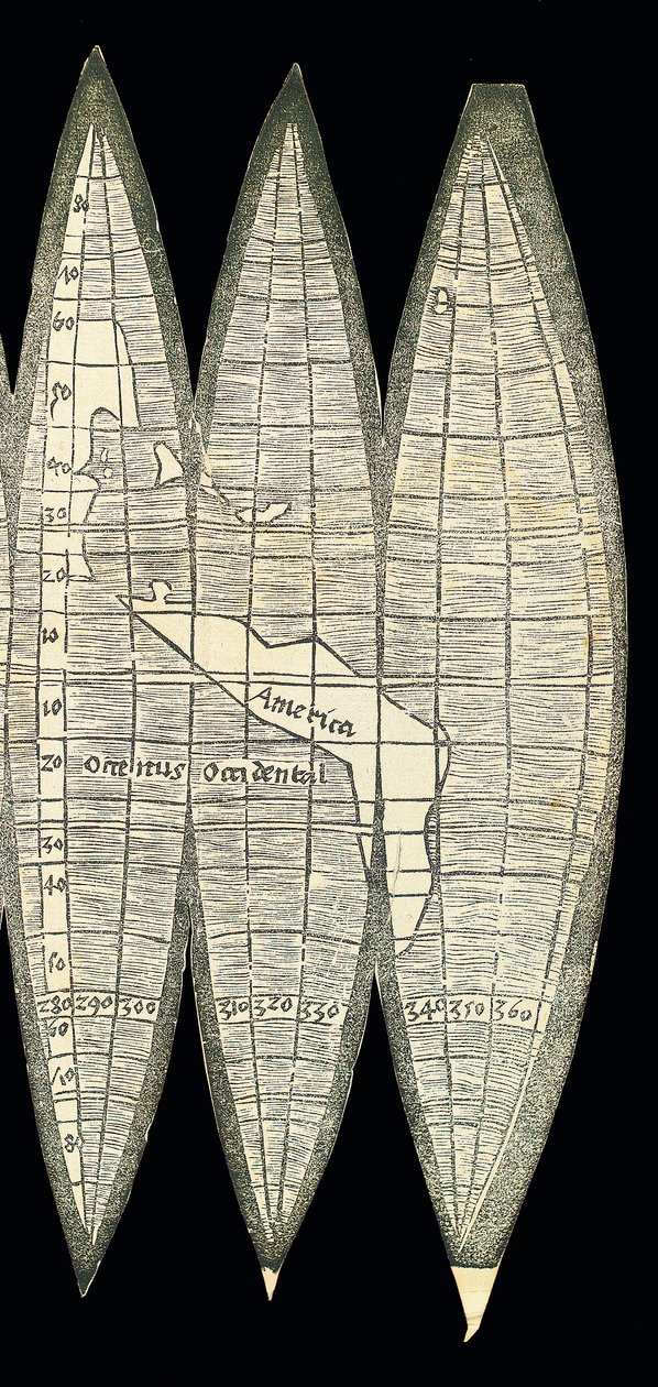 World map in the form of a set of terrestrial globe gores, 1507 by Martin Waldseemuller