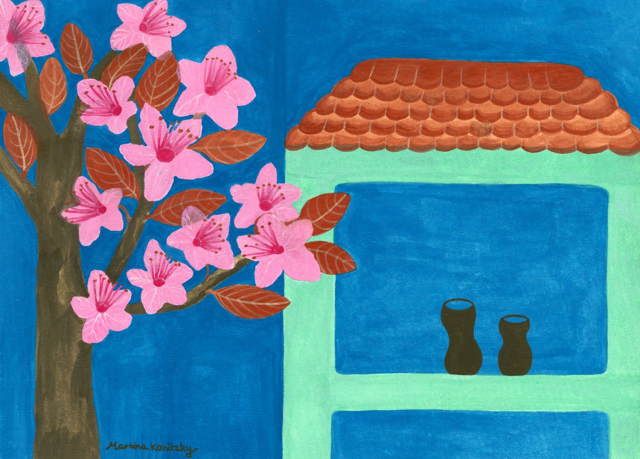 The Blooming Blood Plum at the Mint Green House by Martina Konitzky