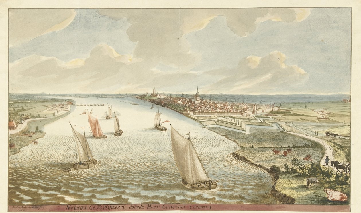 View of the fortifications at Nijmegen on the Waal, Nymegen Fortified by General Coehoorn (title on object) by Martinus Berkenboom
