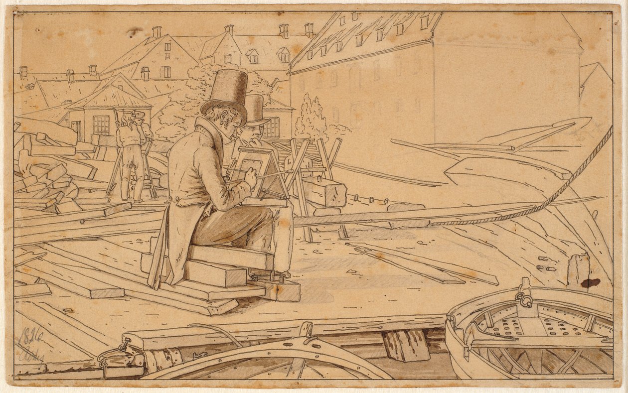 An Artist Painting by a Shipyard by Martinus Rørbye