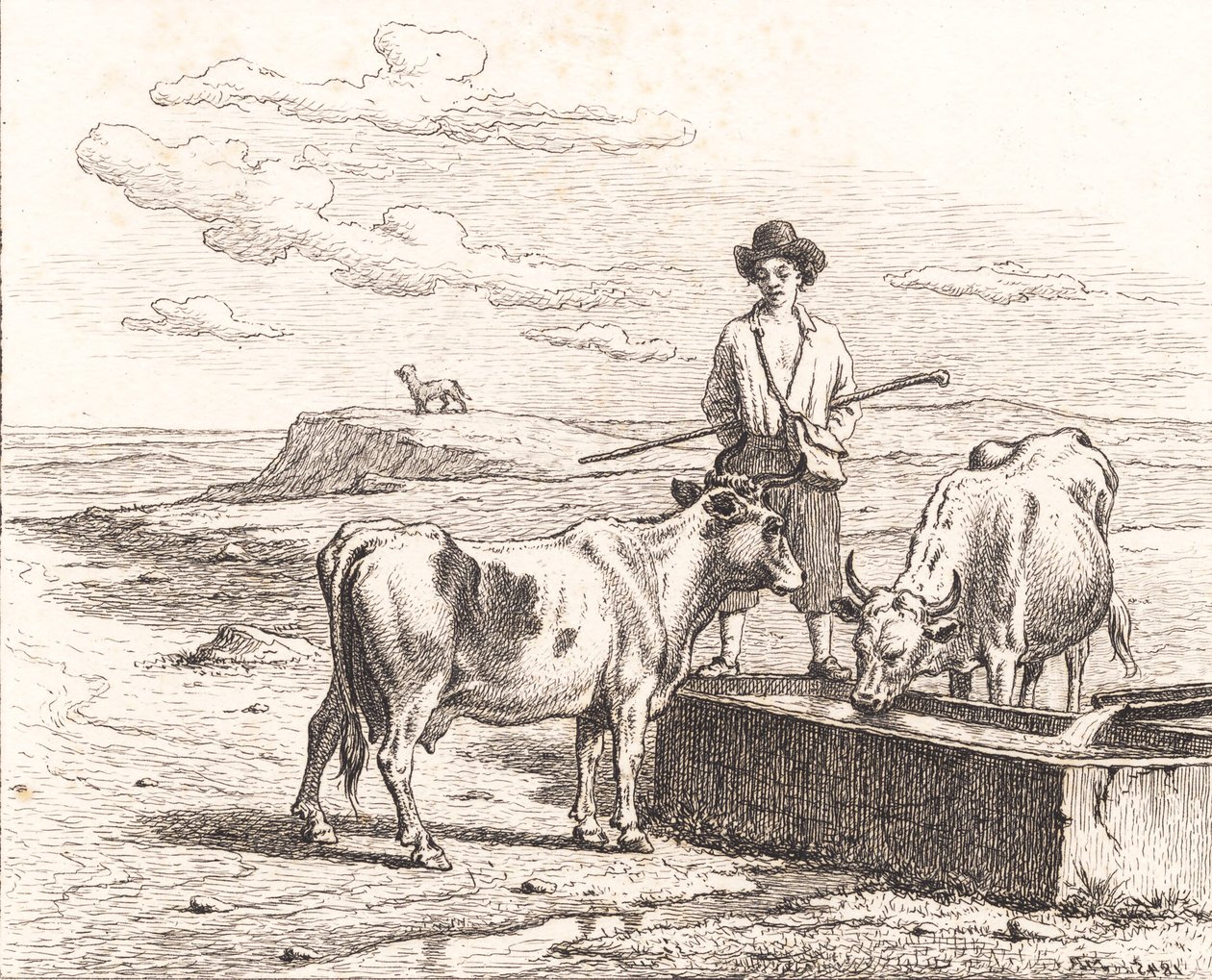 A Shepherd Boy by a Watering Trough. Illustration for Chr. Winther "Twenty-Five Pictures for Small Children" by Martinus Rørbye