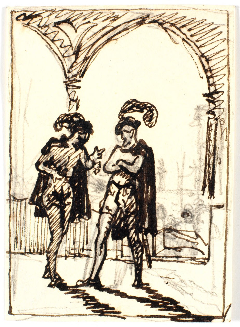 Medieval Scene with Two Cloaked Men and Feathered Berets by Martinus Rørbye