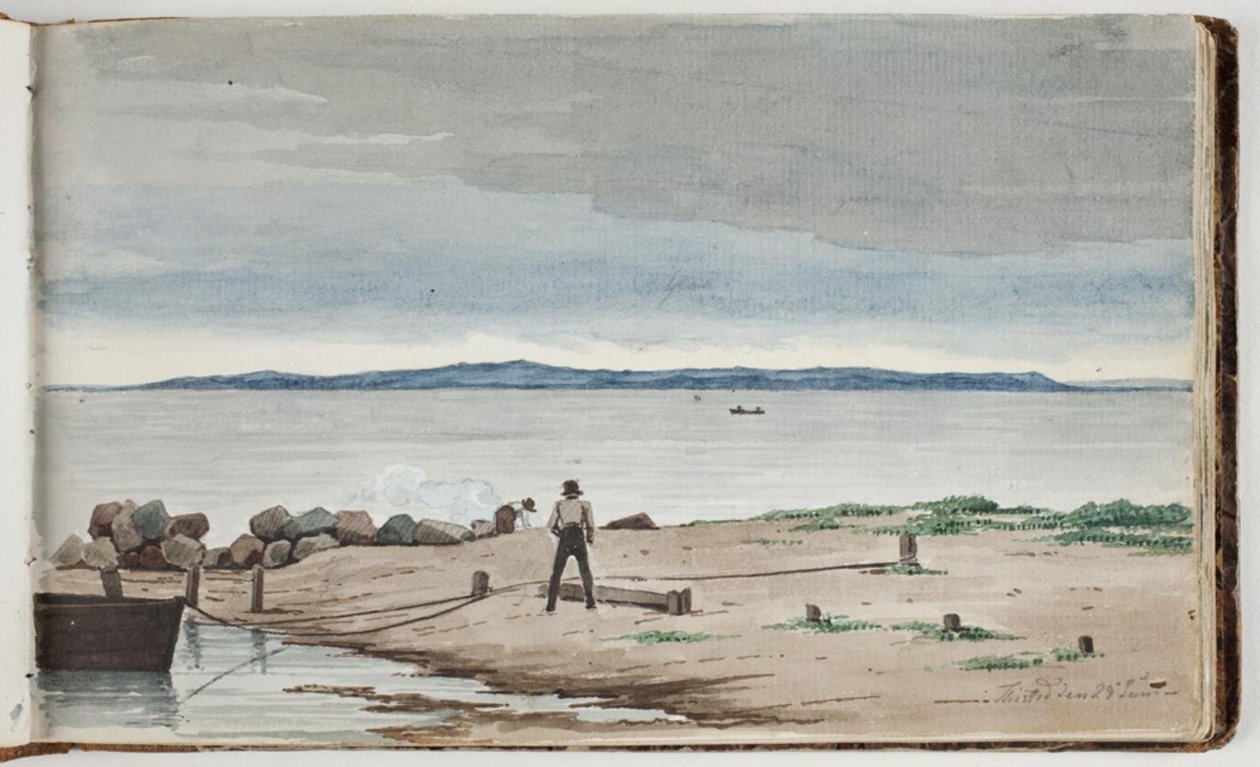 View Towards a Coastal Landscape with Storm Clouds in the Sky. Two Men Working by a Boat and a Fire in the Foreground by Martinus Rørbye