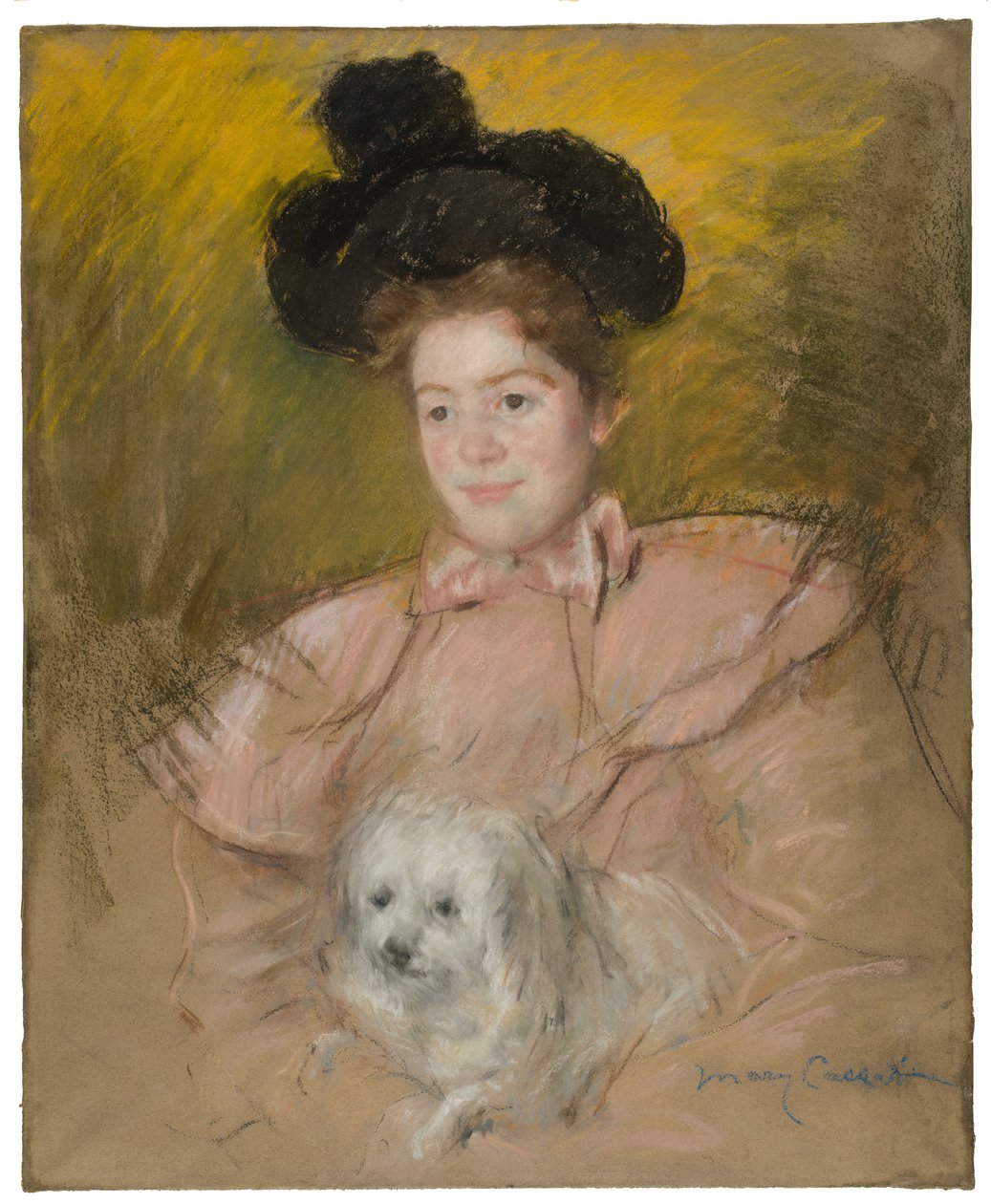 Woman in Raspberry Costume Holding a Dog by Mary Cassatt