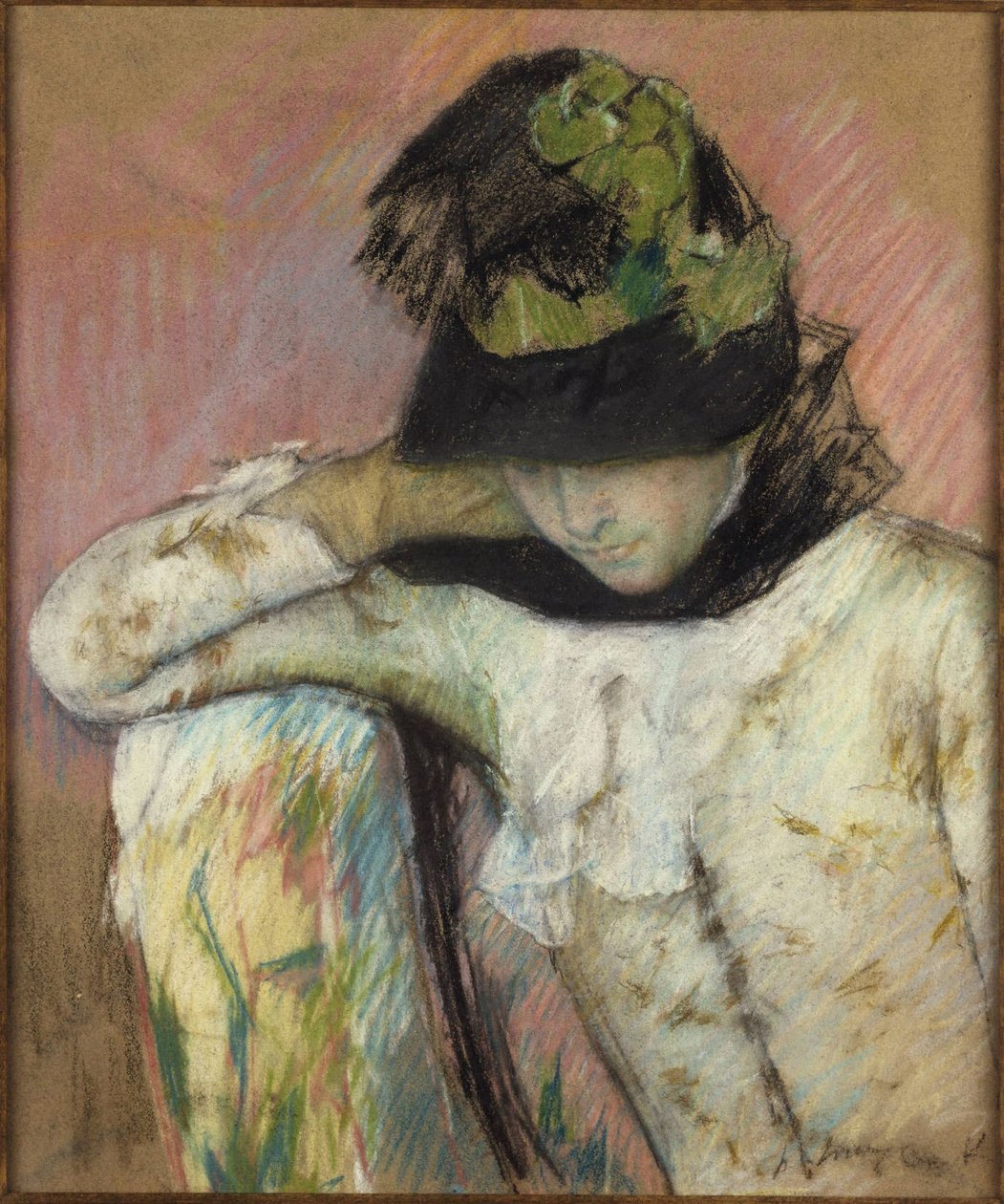 Young Woman in a Black and Green Bonnet, Looking Down by Mary Cassatt