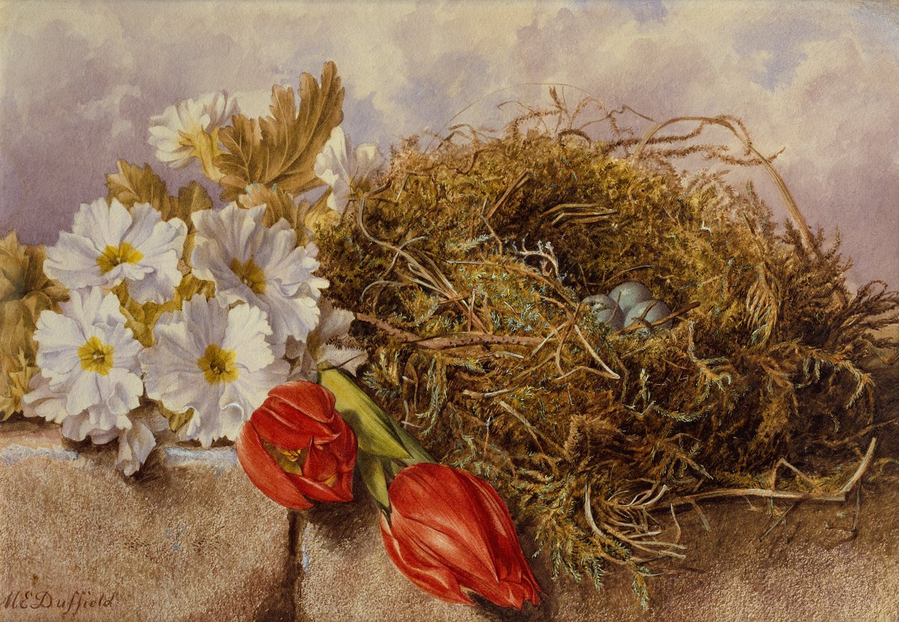 A Still Life of Blossom Tulips and a Bird