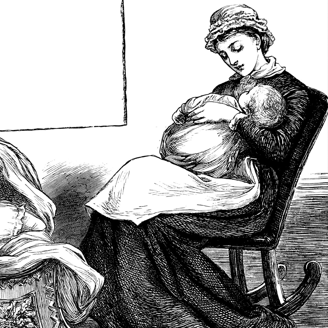 A mother cuddling her child while sitting on a rocking chair by Mary Ellen Edwards