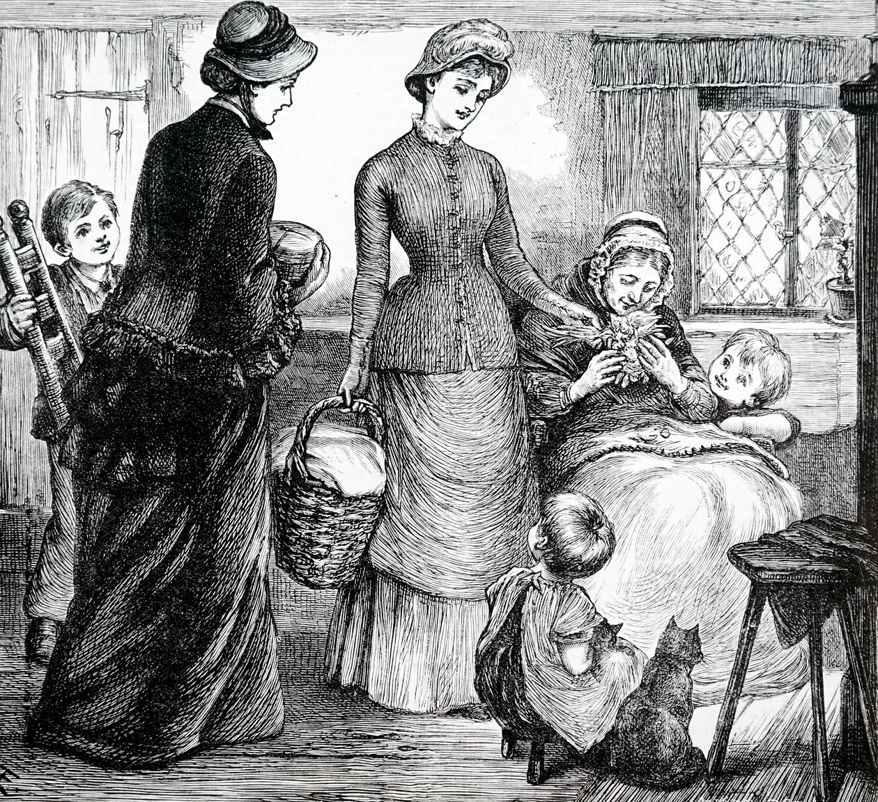A woman giving gifts to a poor cottager by Mary Ellen Edwards