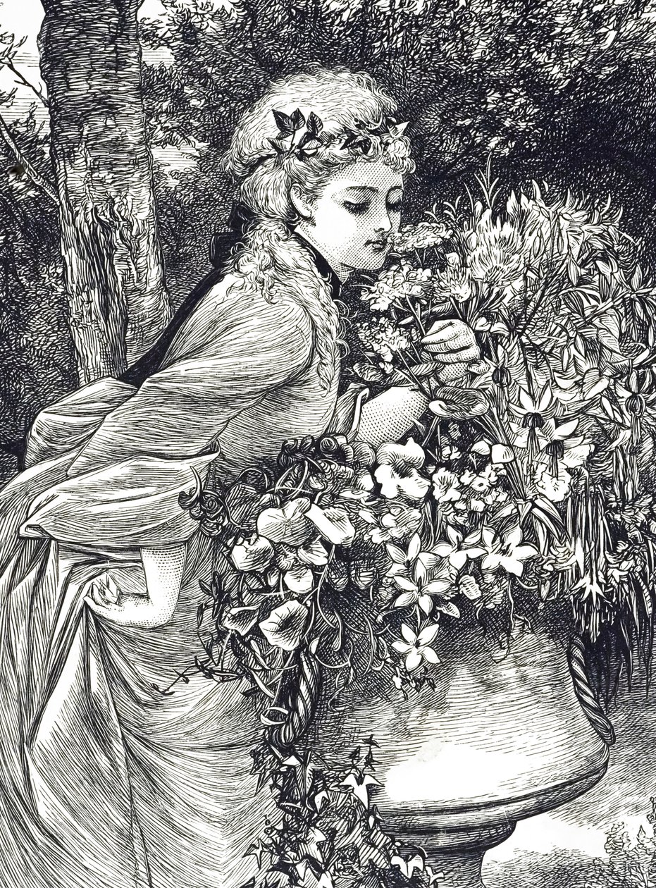 Engraving of a Young Girl Smelling Flowers by Mary Ellen Edwards