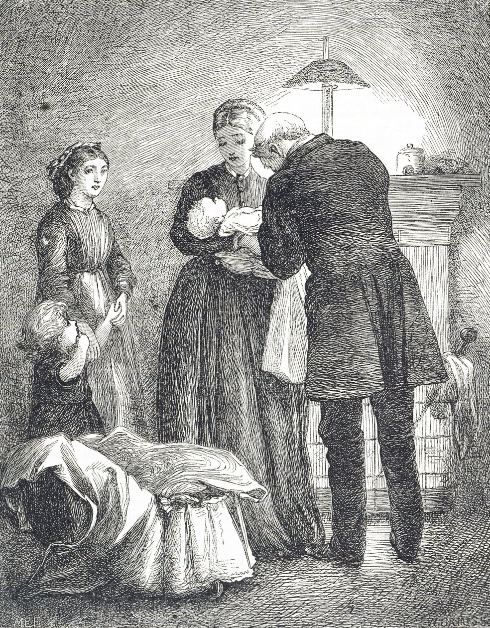 Engraving of a Doctor Examining a Baby with Measles by Mary Ellen Edwards