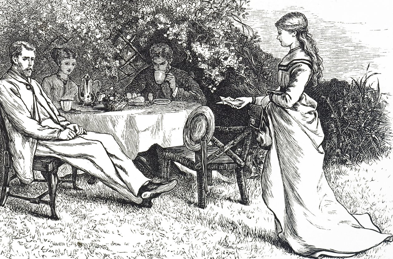 Illustration depicting a family taking breakfast in the garden by Mary Ellen Edwards