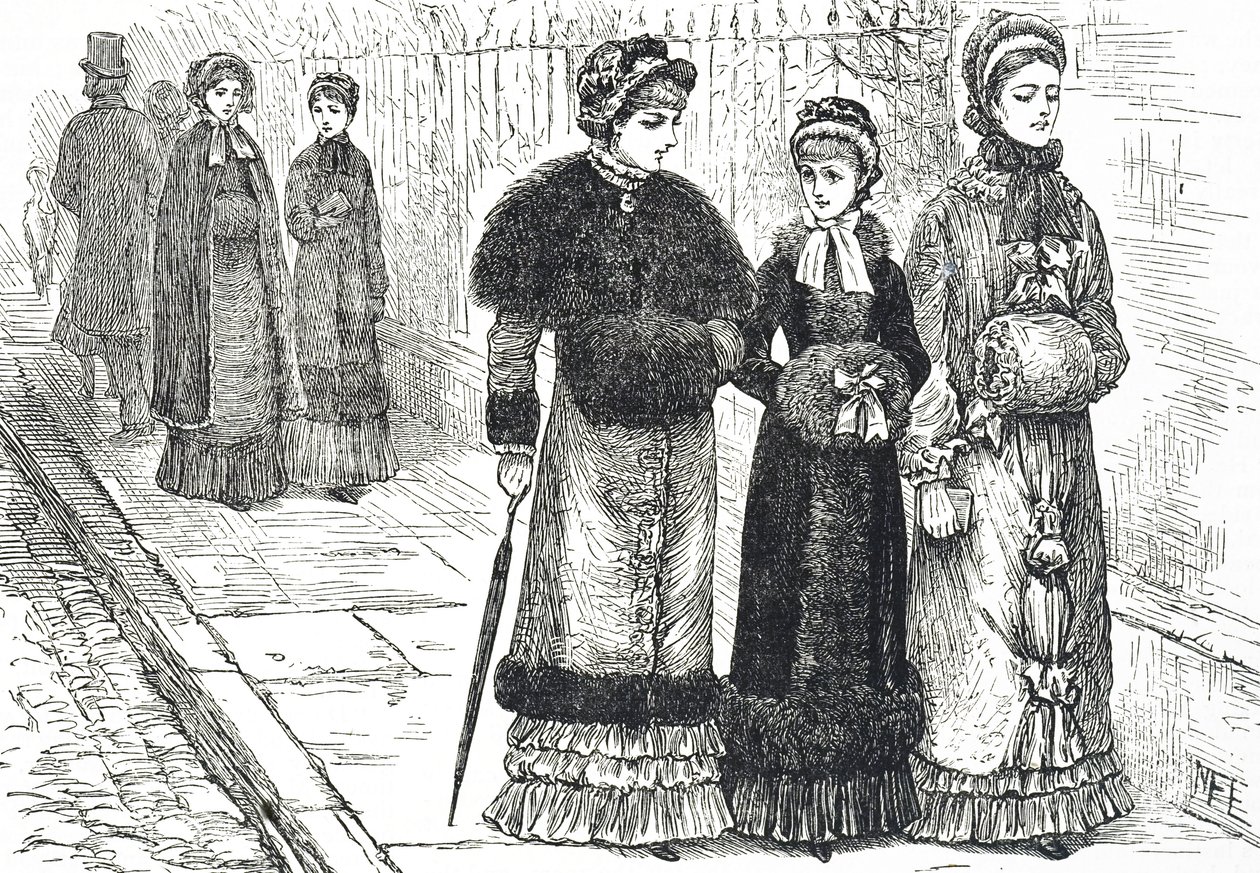 Illustration depicting young women with muffs, to keep their hands warm during the colder weather by Mary Ellen Edwards
