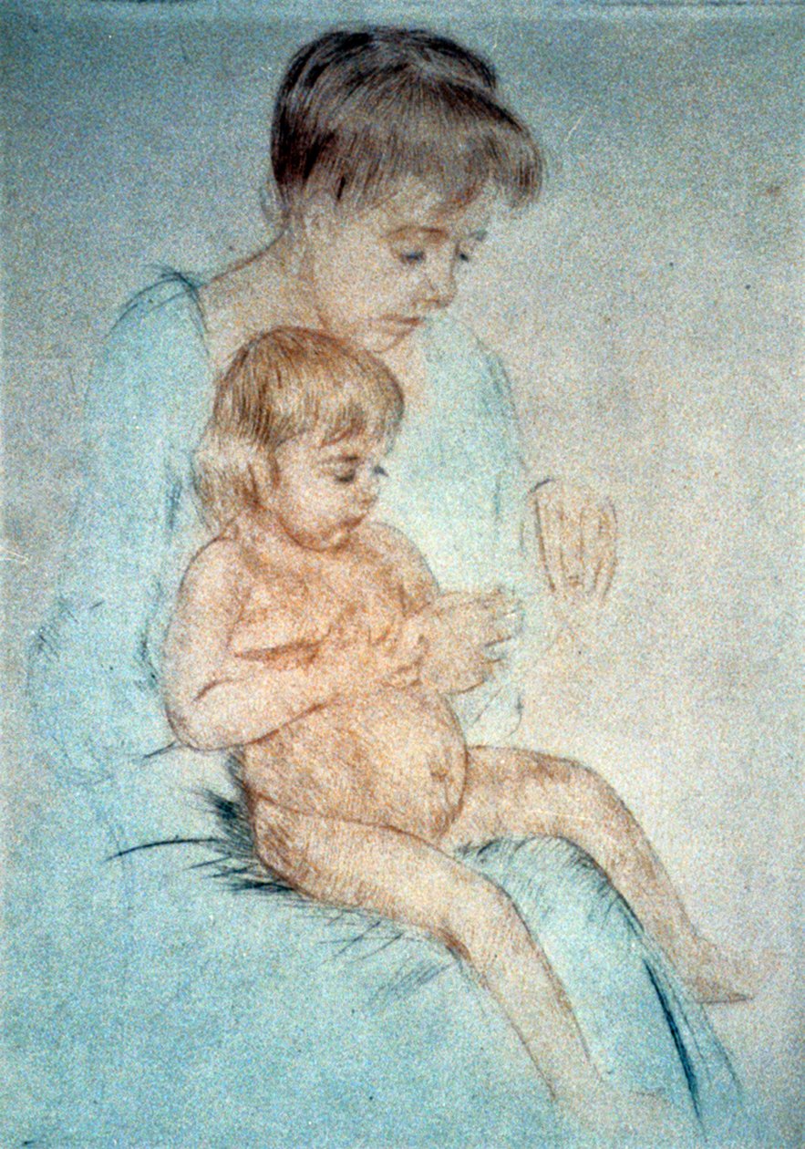Woman holding small nude child on lap while manicuring her fingernails, c1904 by Mary Stevenson Cassatt