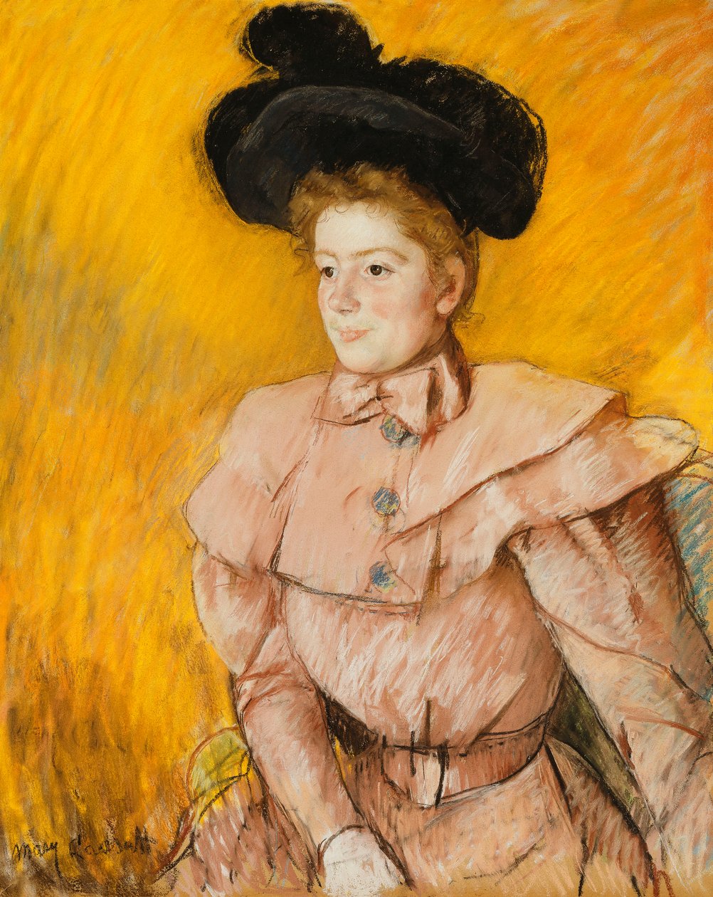 Woman in a Black Hat and a Raspberry Pink Costume by Mary Cassatt
