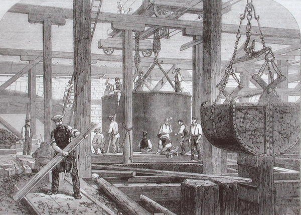 View of construction work taking place at Blackfriars Bridge for the London, Chatham and Dover Railway showing the sinking of a cylinder for one of the circular stone piers by Mason Jackson