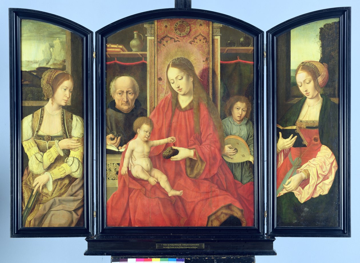 The Holy Family with St. Catherine and St. Barbara, triptych by Master of the Holy Blood