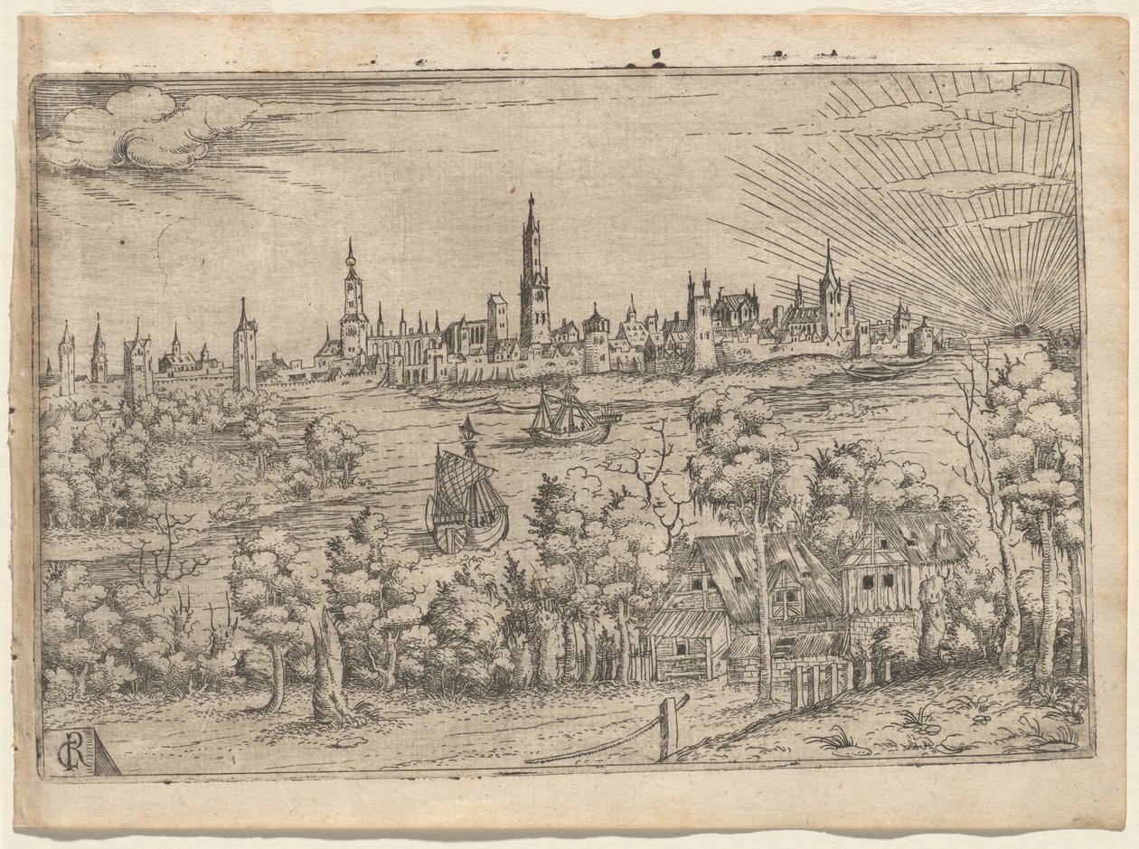 View across a River to a Walled City at Sunset by Master CR