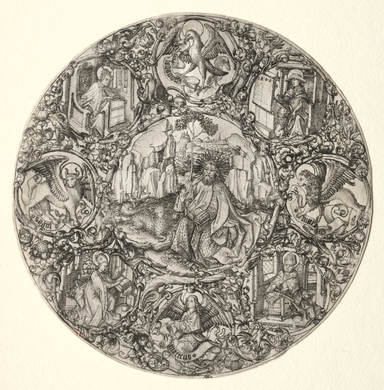 St. John the Baptist Surrounded by the Evangelists and Four Fathers of the Latin Church by Master ES