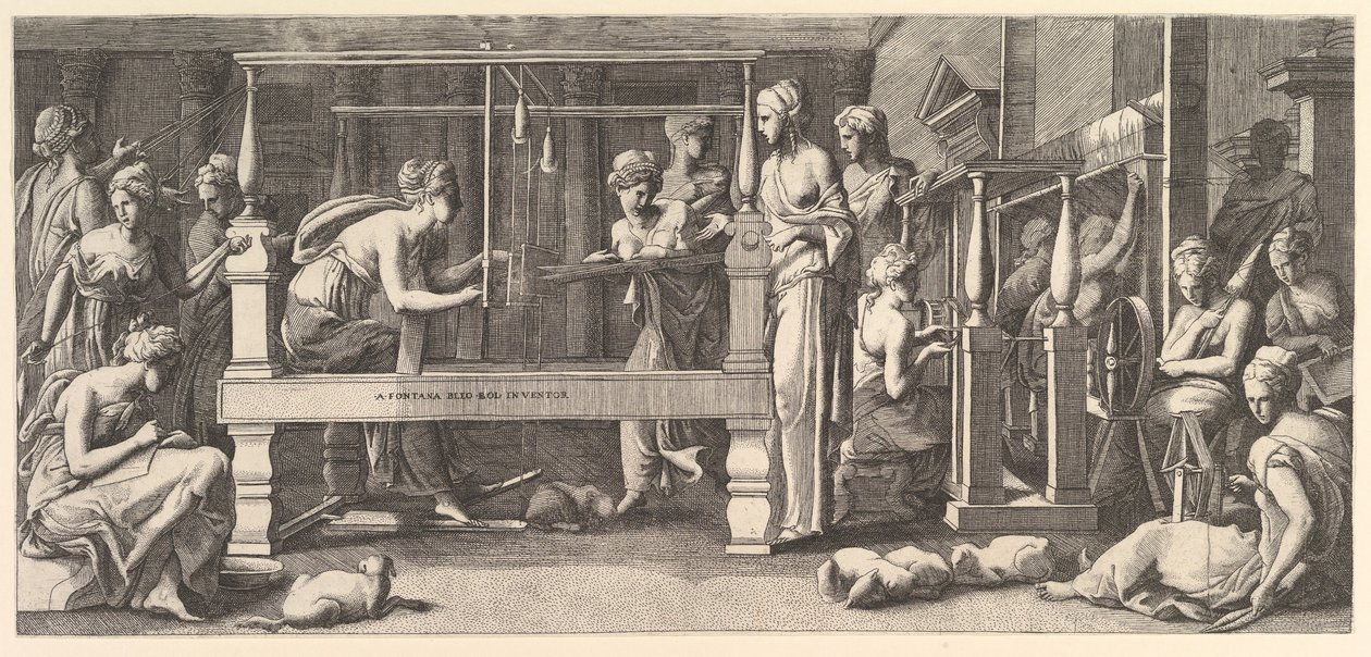 Women spinning, weaving and sewing, 1540-50 by Master FG