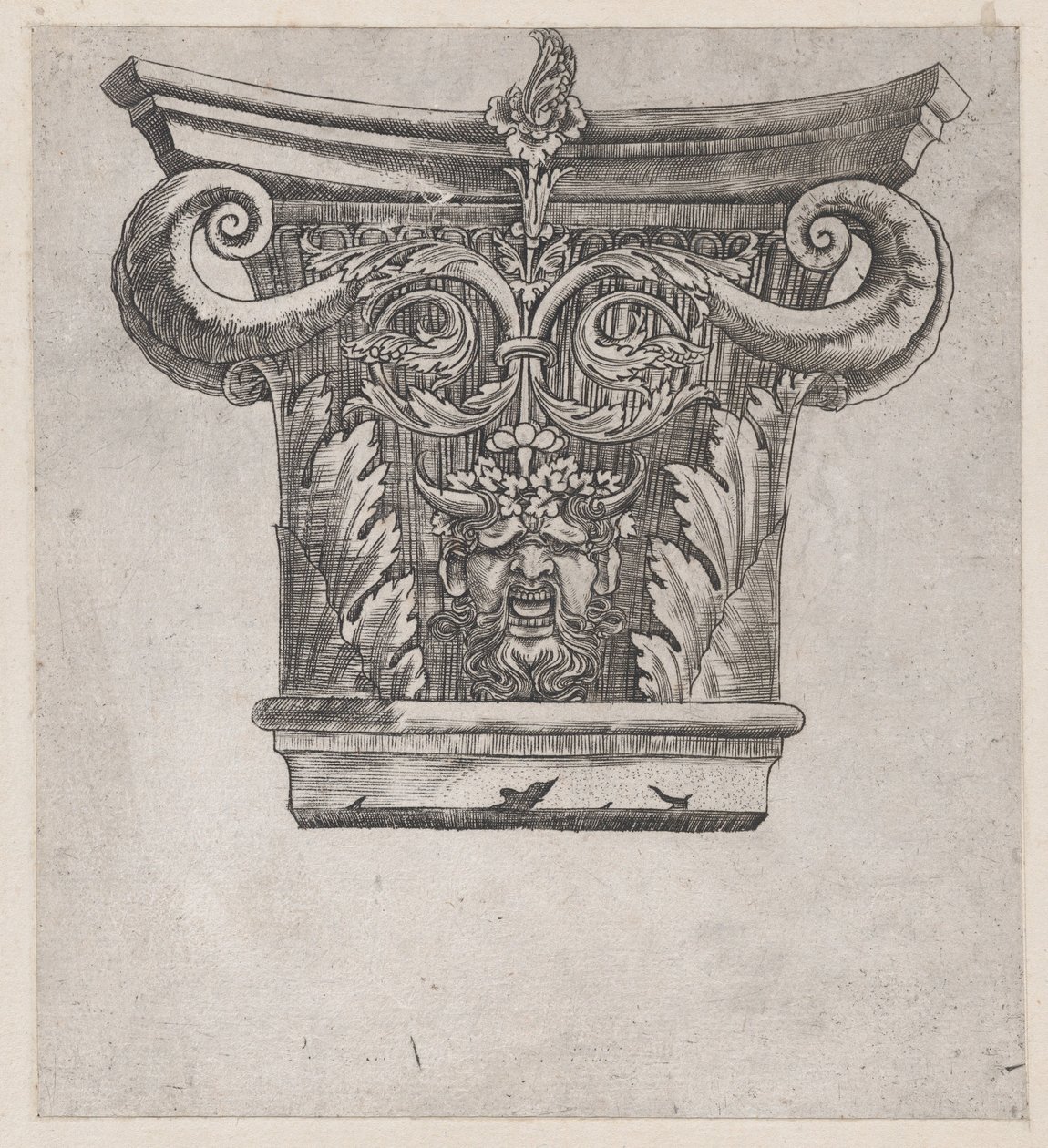 Speculum Romanae Magnificentiae: Capital with Peapod Volutes and Satyr Head by Master GA