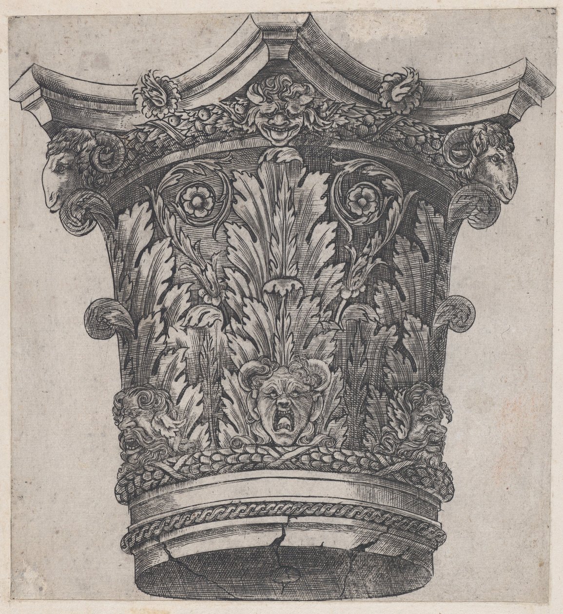Speculum Romanae Magnificentiae: Capital with ram heads and masks, ca. 1537 by Master GA