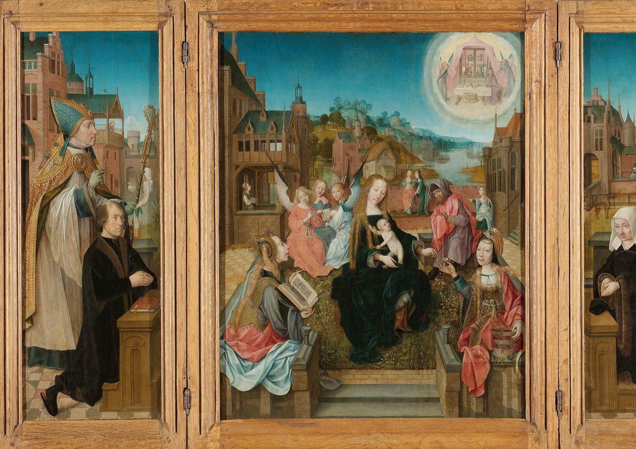 Triptych with Virgin and Child with Saints (center), Male Donor with Saint Martin (left), Female Donor with Saint Cunera (right), and the Annunciation (outer wings) by Master of Delft