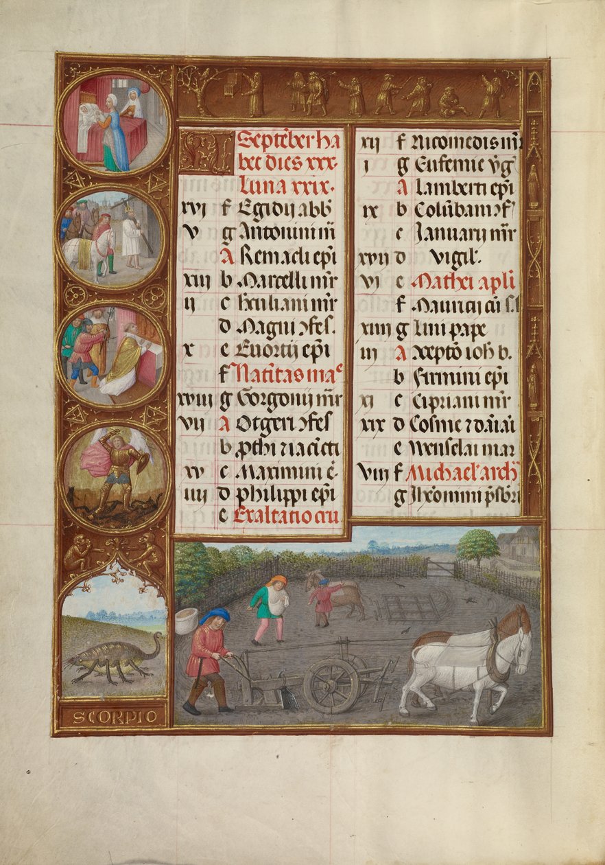 September Calendar Page; Plowing and Sowing; Scorpio by Master of James IV of Scotland