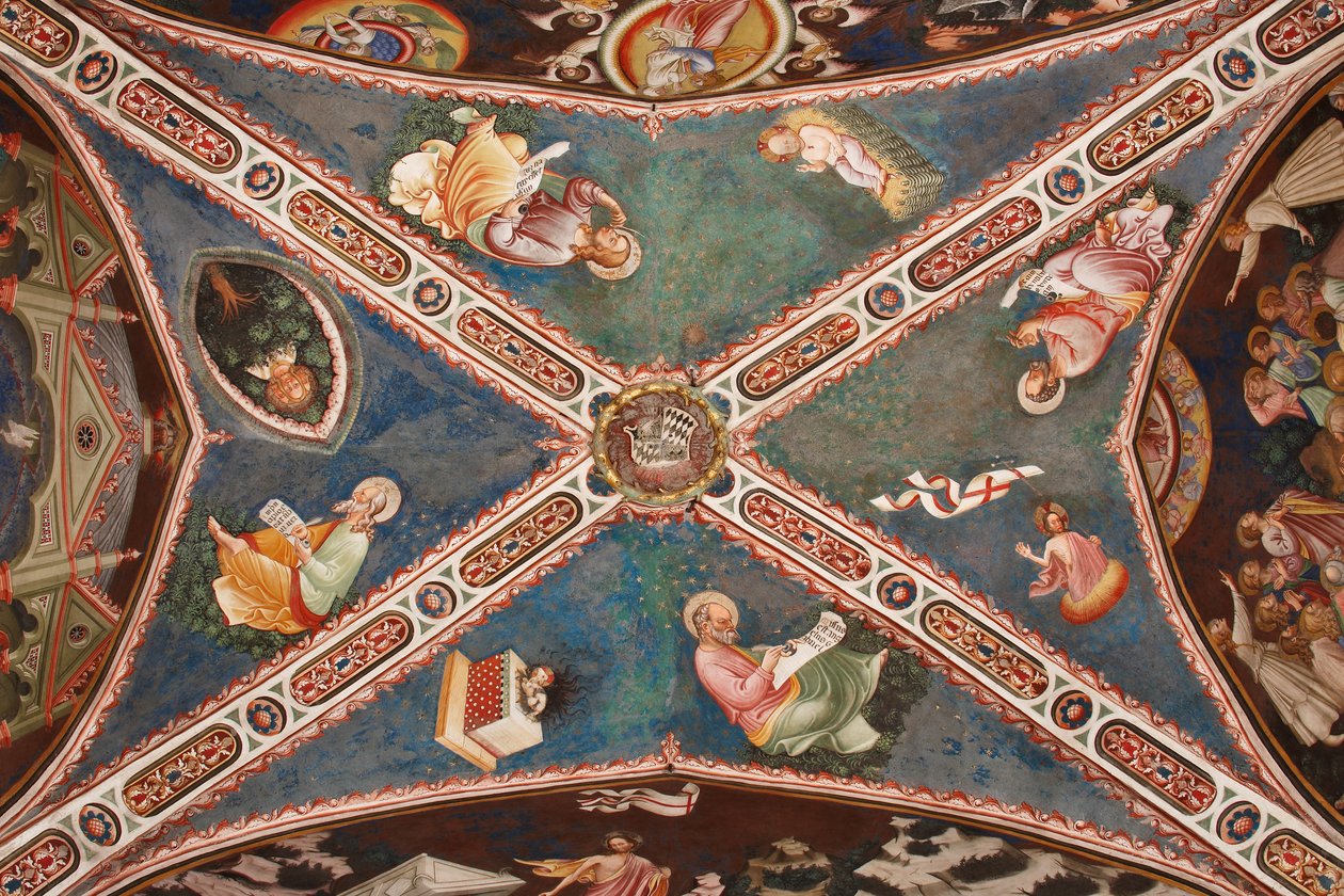 View of the Vault with Fresco Representing the Four Evangelists, the Three-Faced Trinity and the Tree of Life, the Mystical Lamb, the Blessing Infant Jesus in the Manger and the Resurrected Christ, The Contrari Chapel, Vignola Stronghold, c.1420 by Master of Vignola