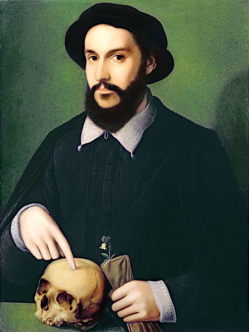 Portrait of a Gentleman with his Right Hand Pointing to a Skull, c.1540 by Master of the 1540s
