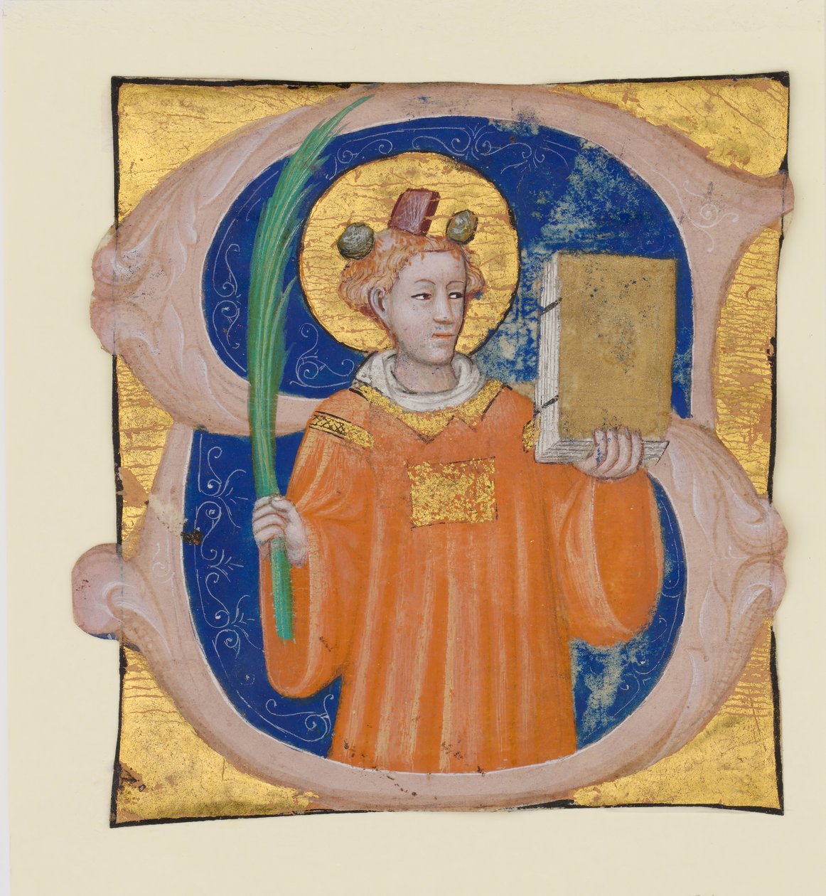 Manuscript Illumination with Saint Stephen in an Initial S (from an Antiphonary) by Master of the Brussels Initials